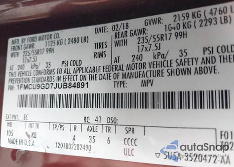 2018 Ford Escape Se from USA, damaged, VIN 1FMCU9GD7JUB84891